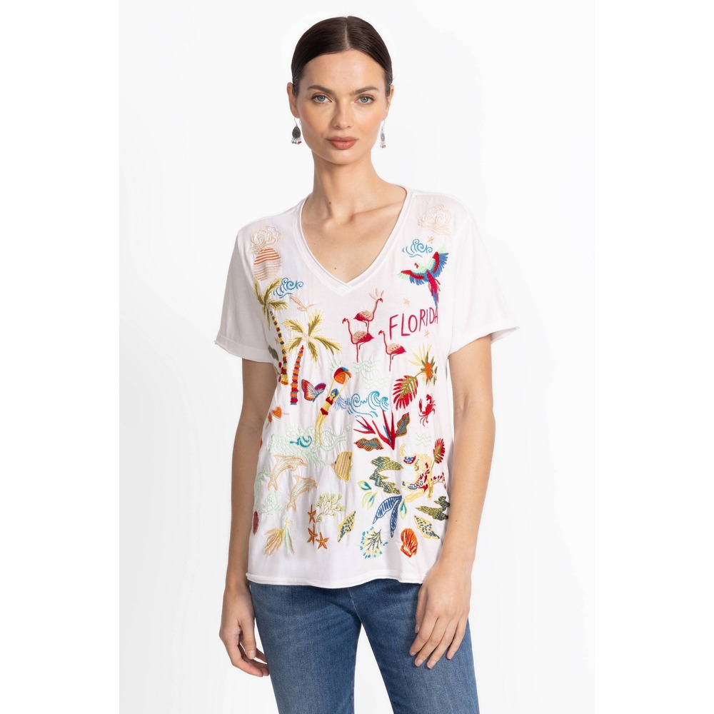 Johnny Was Florida Embroidered Everyday Tee XS White Cotton Colorful‎ Vacation